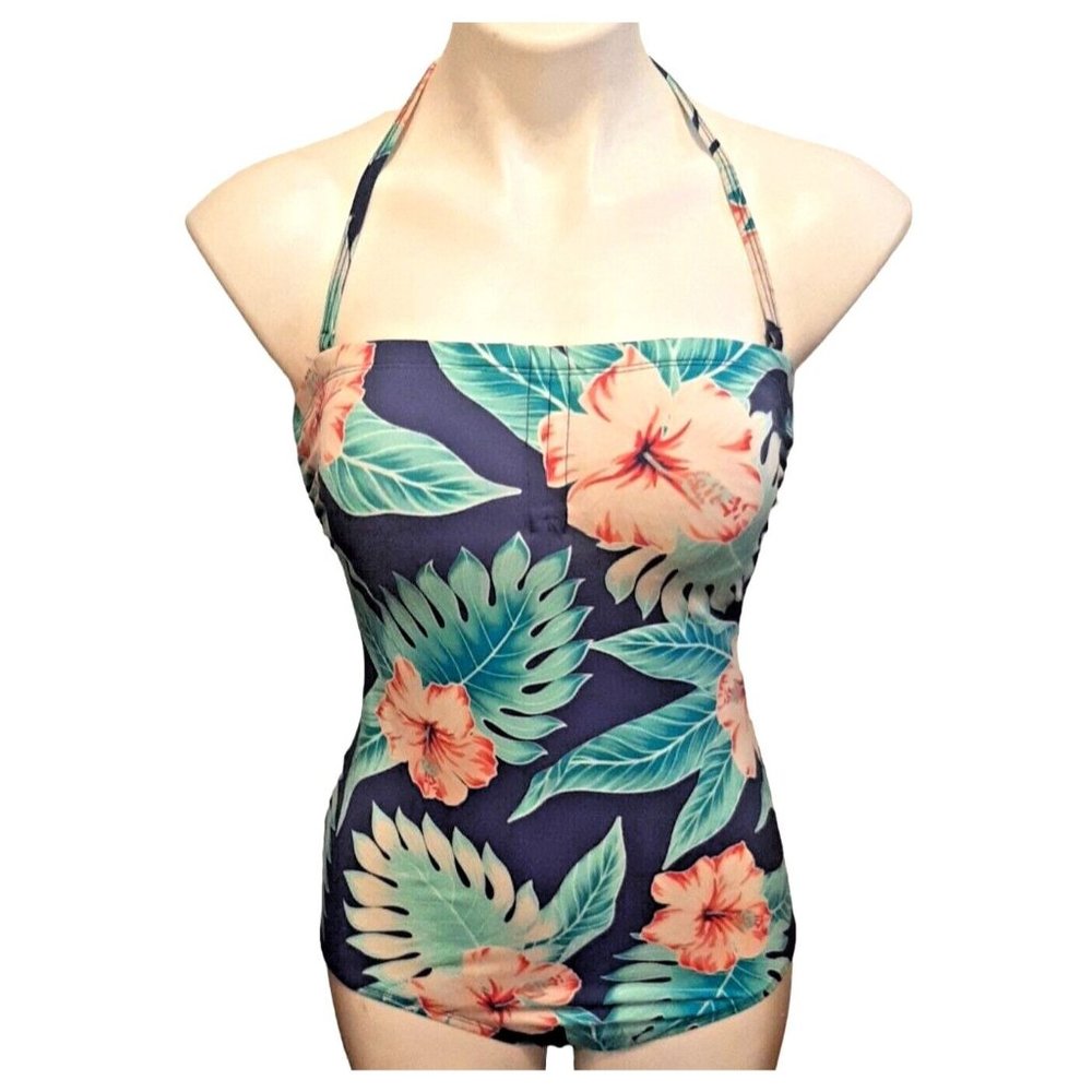 Jantzen Classics Swimsuit Bathing Suit Size 8 Blue Hibiscus Flower 1 Pc Halter